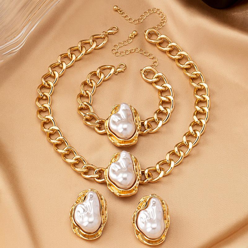 European and American Trend Special-shaped Pearl Set, Retro Luxury Temperament Necklace, Bracelet, Stud Earrings, Ring Set.