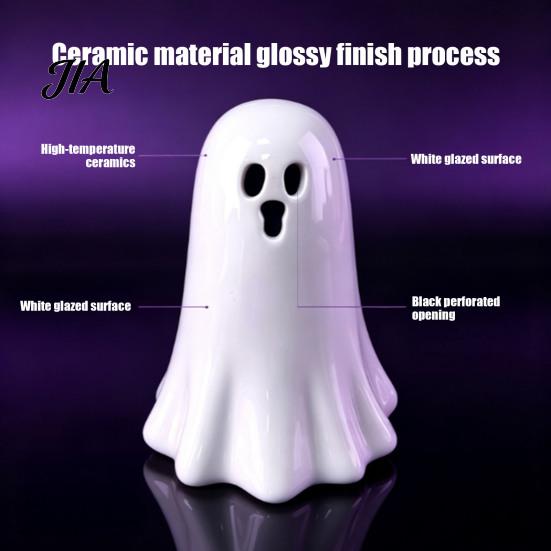 Modern Ceramic Craft Hollow Ghost Night Light, Cute Halloween LED Glow Table Lamp Lamp, White Ceramics Figurine for Holiday Party Decoration Light