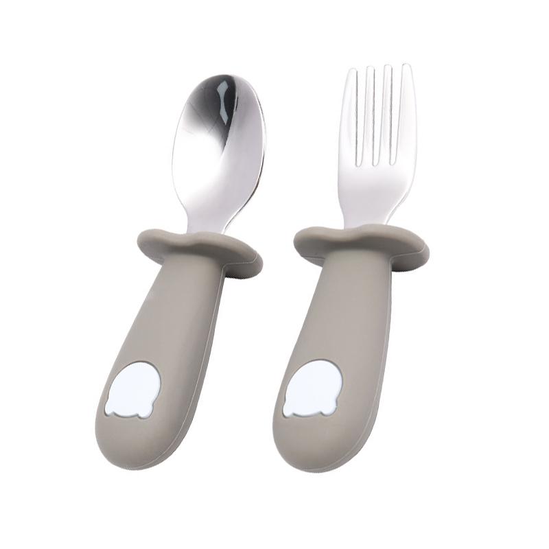 Toddler Stainless Steel Forks and Spoons Set Food Grade Cute Simple Silicone Toddler Safe Utensils Set A5# Gray Green