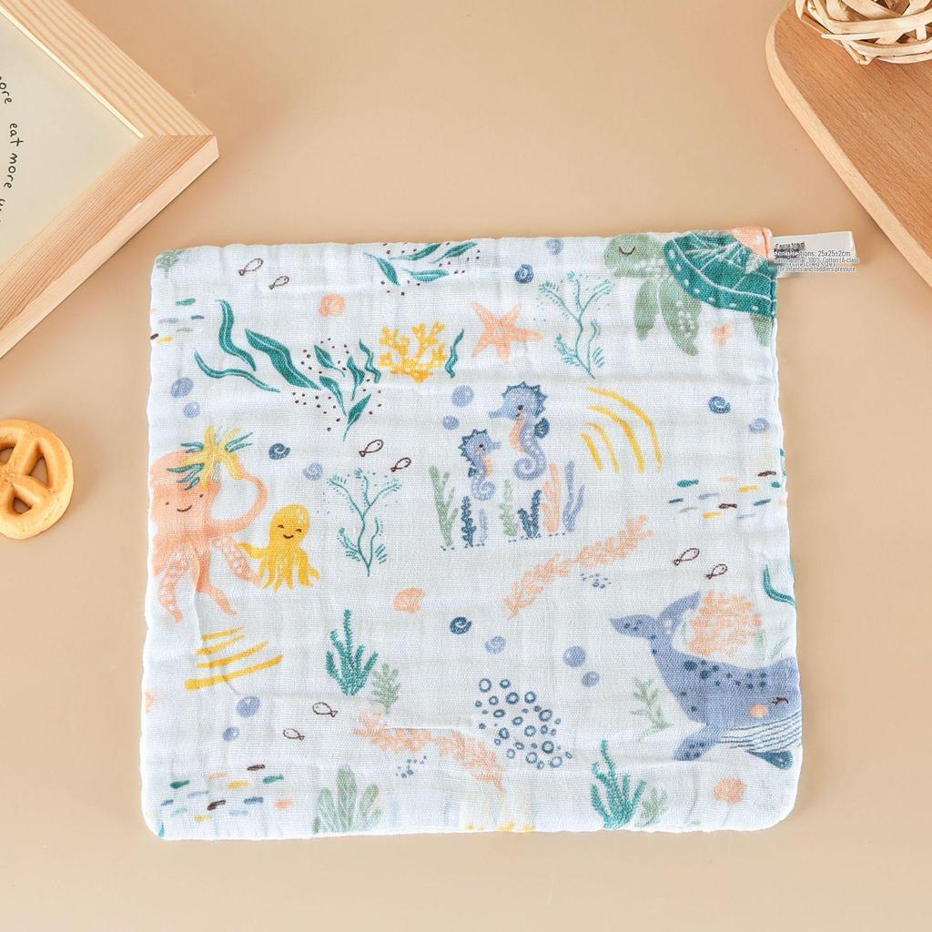 Class A Pure Cotton Crinkle Bib: Six-Layer Cartoon Print Square Handkerchief