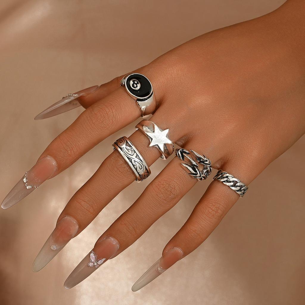 5Pcs/Set Gothic Punk Ring Set Silver Color Star 8-Ball Engraved Chain Open Stackable Rings For Men Women Streetwear Jewelry