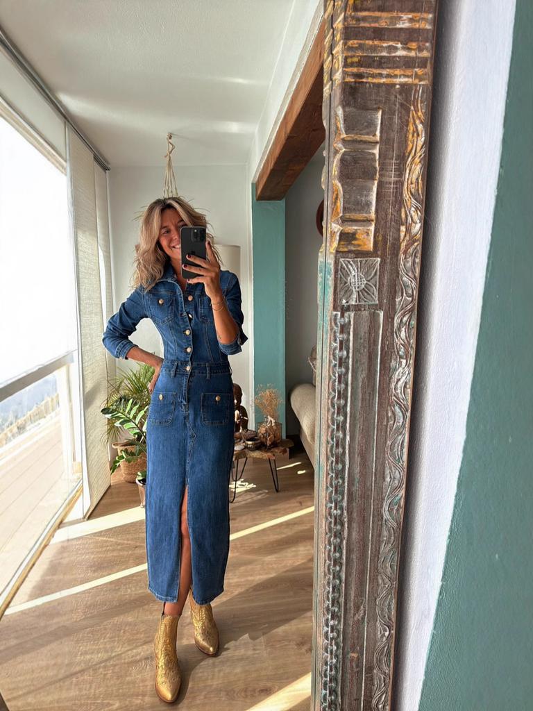 Fashion Casual Multi-Button Long Sleeve Denim Maxi Dress