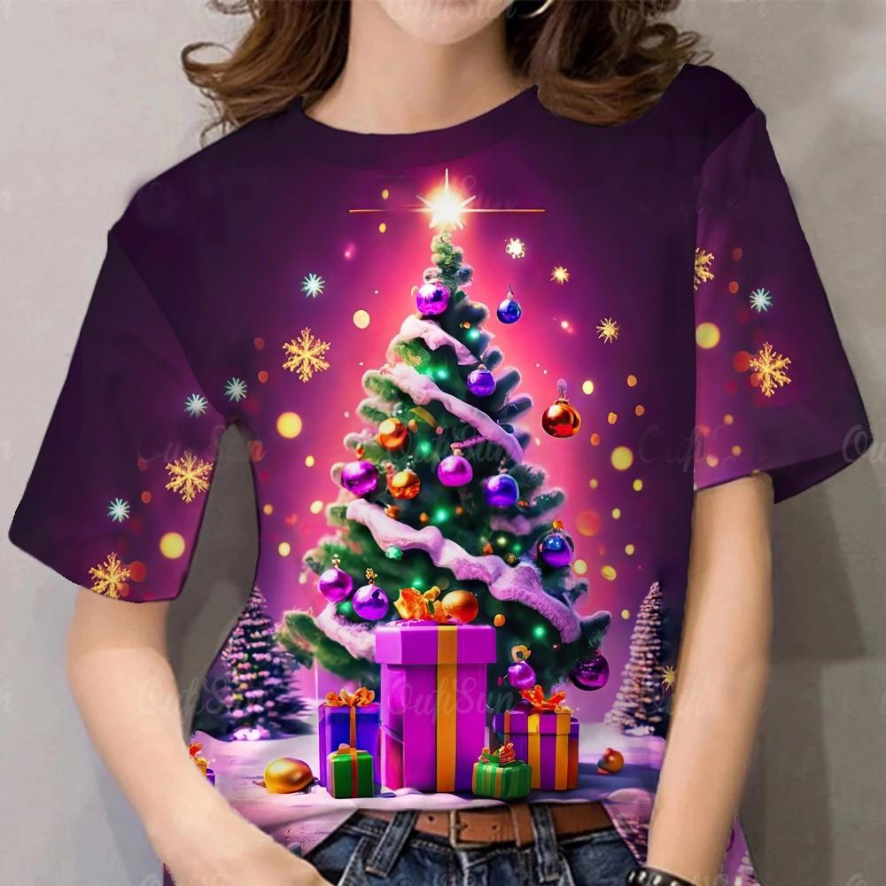 Merry Christmas T-Shirt For Women Casual Round Neck Oversized Xmas Tshirts Top Full Print Christmas Tree Pattern Tee Shirt