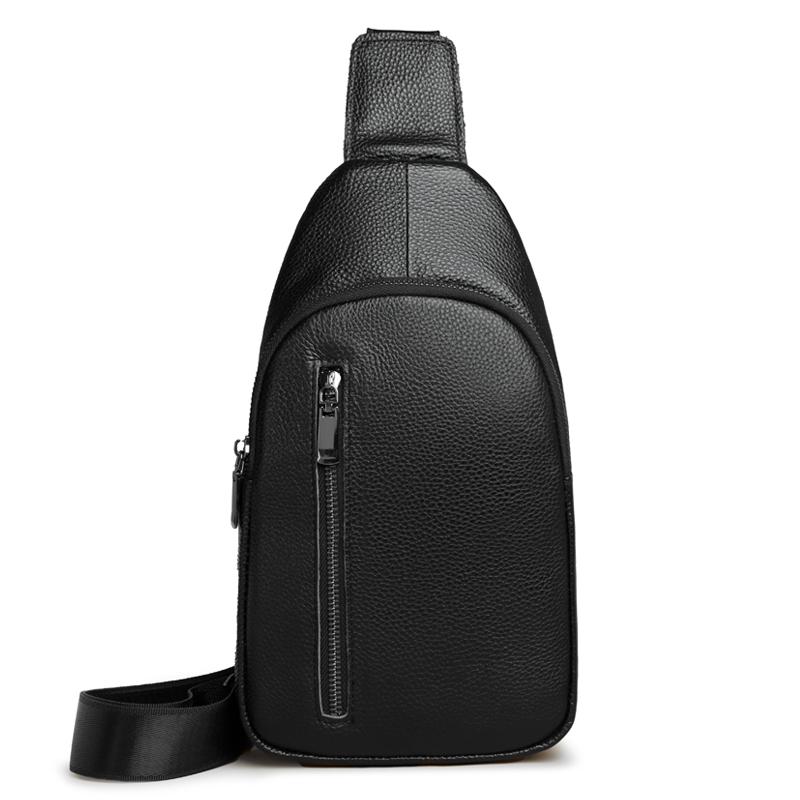 Small Black Genuine Leather Sling Bag for Men Women Crossbody Shoulder Chest Pack Hiking Daypack Outdoor Travel Backpack Cycling