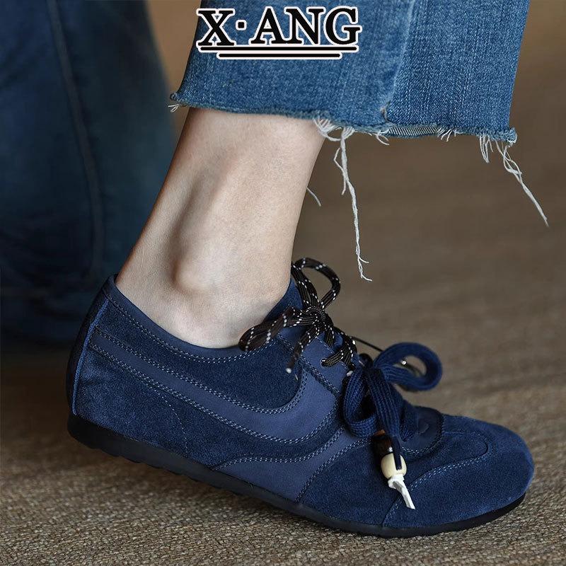 Cowhide version double shoelaces blue women's autumn new retro fashion soft-soled casual single shoes
