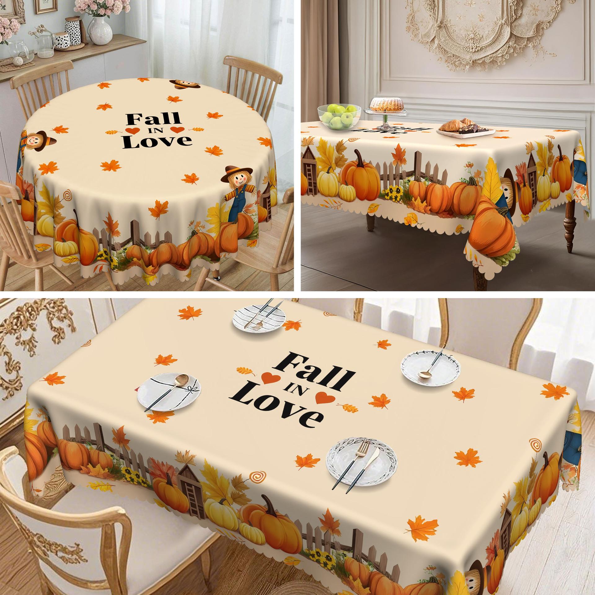 

1 Thanksgiving Tablecloth - Printed With Pumpkin, Sunflower, Log Cabin And Autumn Leaves - Durable Polyester round tablecloth-152x152cm