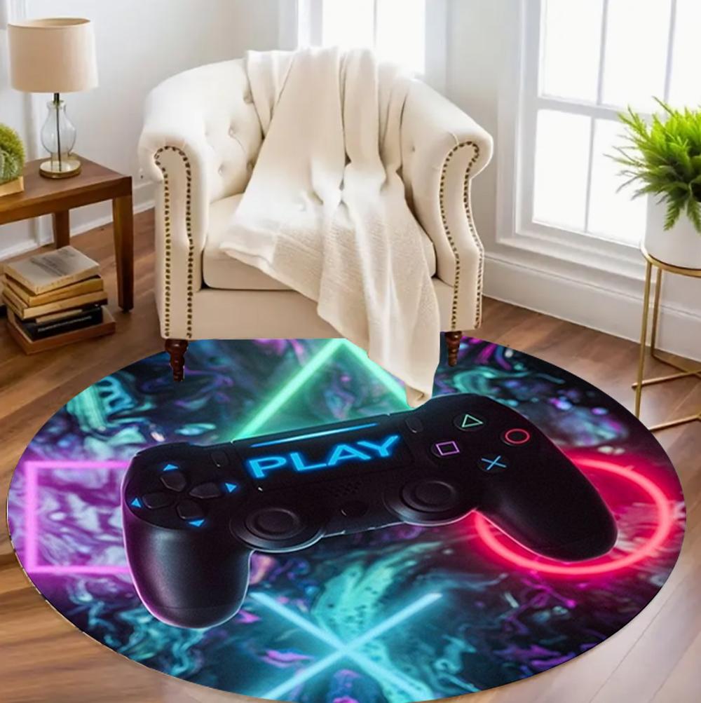 Cyber Game Controller Round Rug Neon Game Console Pattern Carpet Soft Non-Slip Circle Mat for Living Room Bedroom