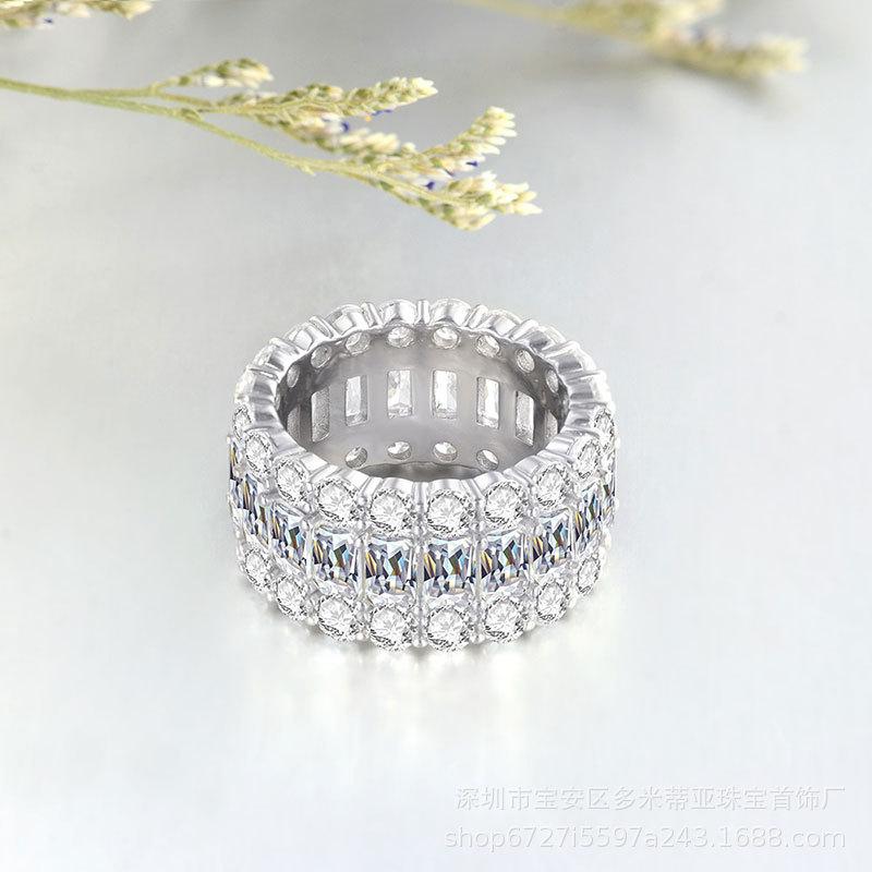 Three-color Fashion Personality Exaggerated Design Ring Female Tide Dance Ring Niche T Square Diamond Colored Zircon