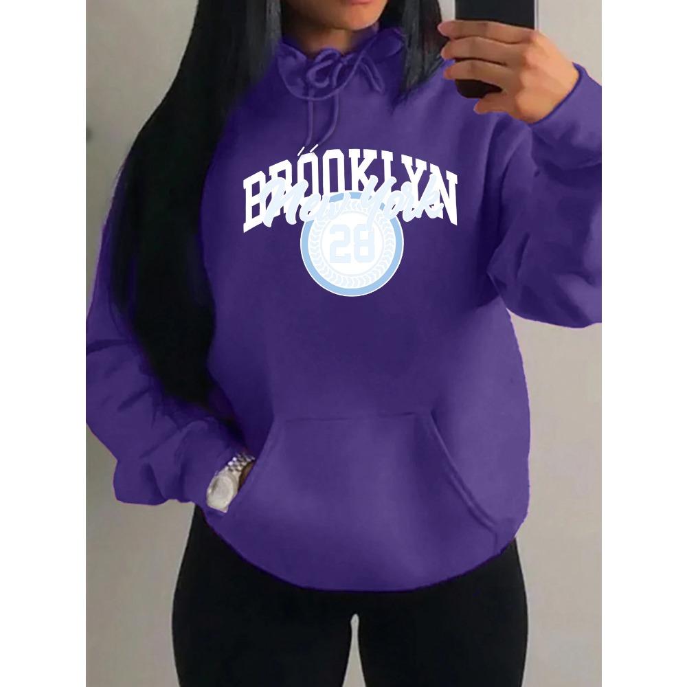 Brooklyn New York Art Letter Number 28 Design Women Hoody Autumn Casual Loose Hoodie Fleece Pocket Streetwear