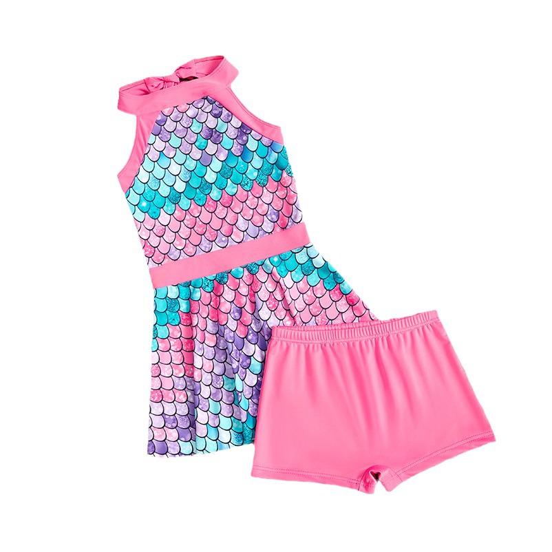 New Girls' Fish Scale Gradient One-Piece Swimsuit with Skirt for Children