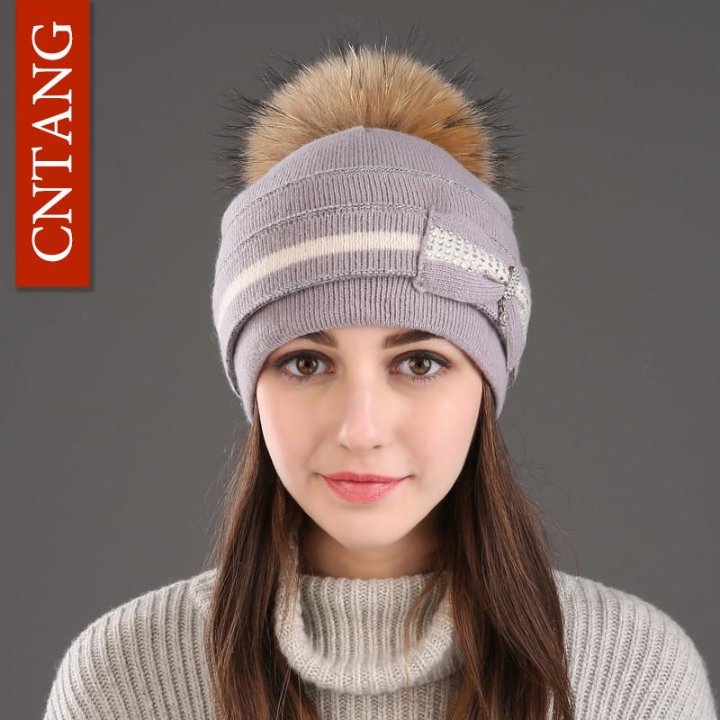 Classic Multiple Styles Women Beanie Winter Warm Fashion Raccoon Fur Pompom Hats Knitted Wool Cap Clearance Cheap High Quality