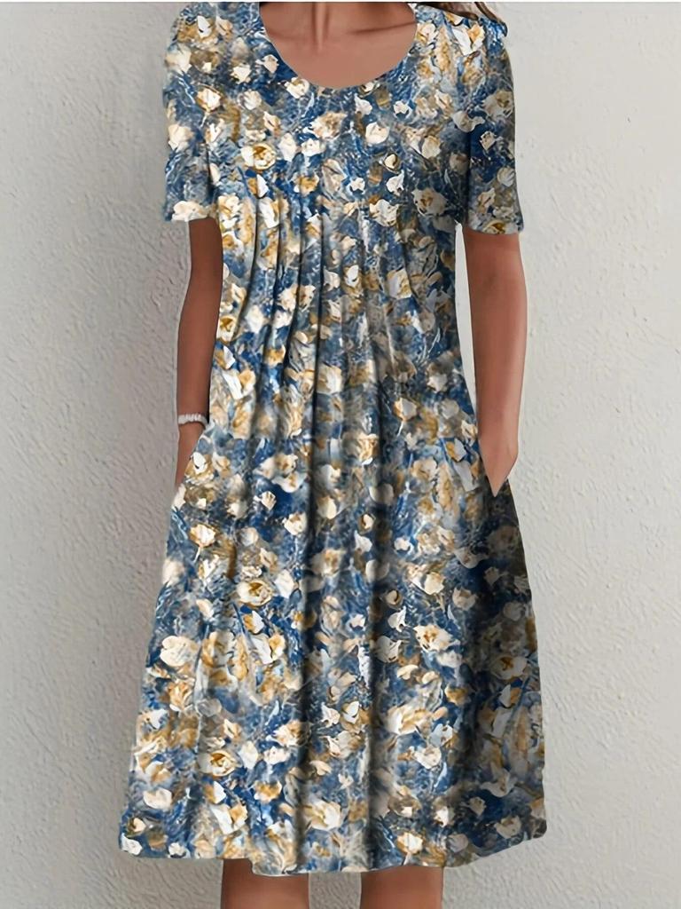 Summer Casual Retro Pleated Printed Beach Skirt Women Long Style Large Skirt Hem Elegant Female Vintage Round Neck Short Sleeved Ladies Party Dress