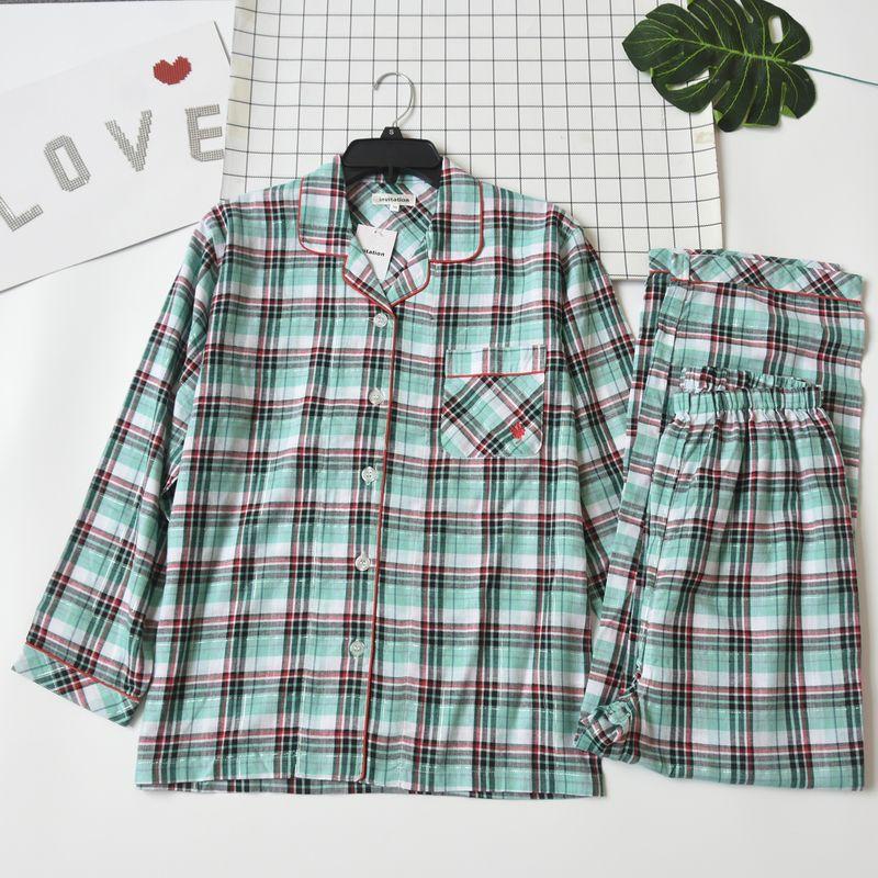 

Export Daily Order Women s Spring and Autumn Pure Cotton Gingham Long Sleeves Pants Cardigan Pajamas Casual Homewear Suit Green lattice M