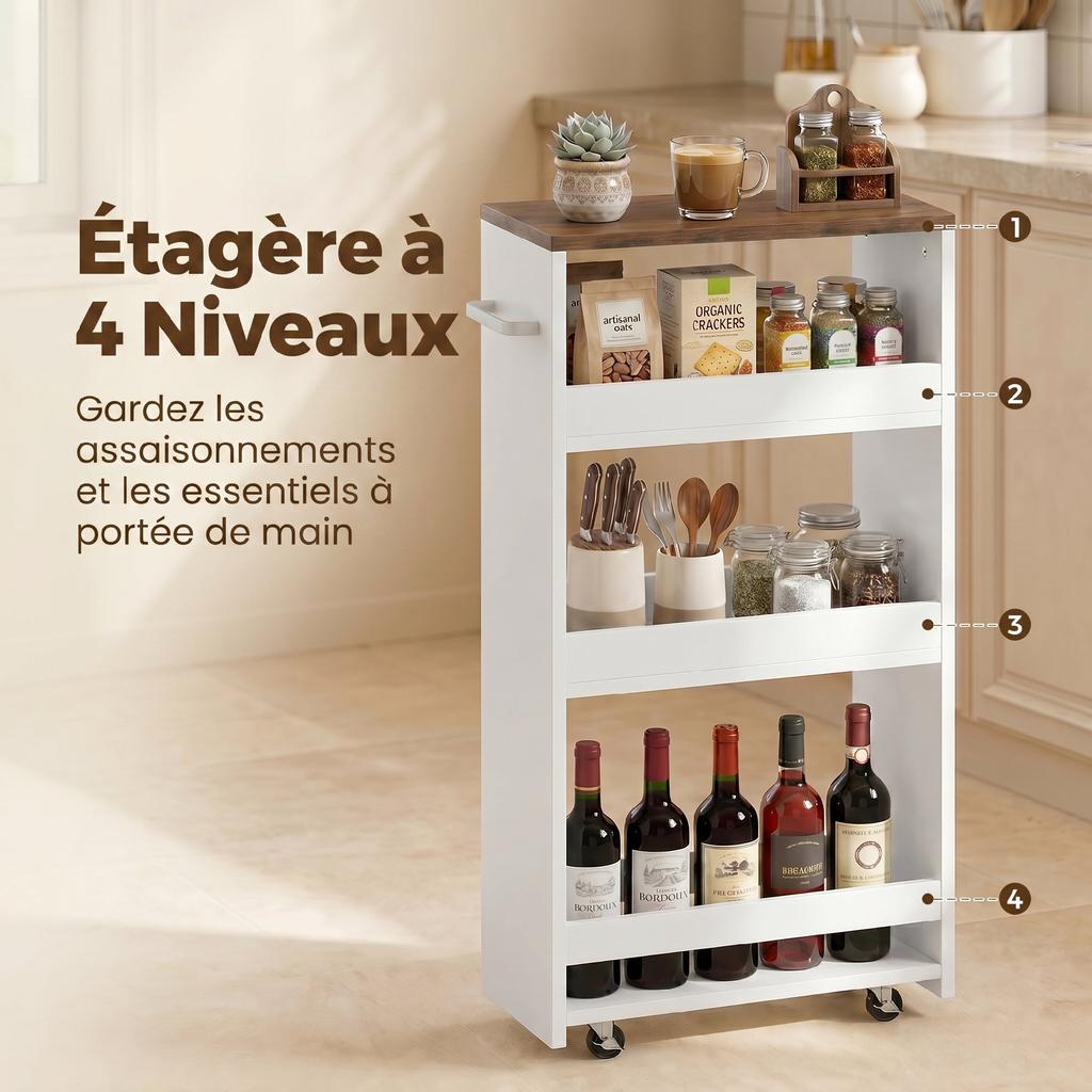 Kitchen Trolley, 4-Tier, on Wheels, 40 x 20 x 84 cm, White