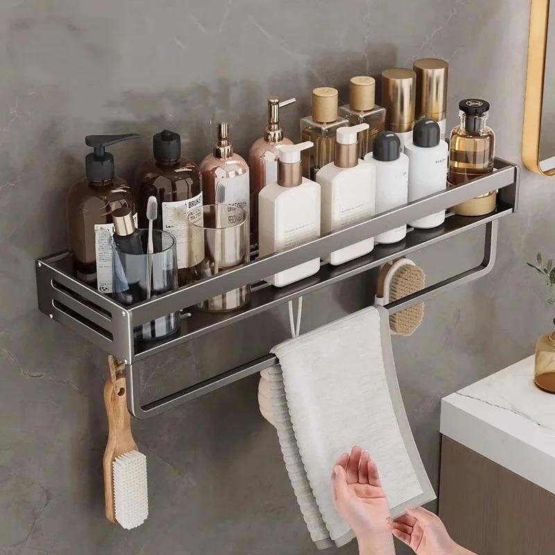 No Drilling Bathroom Corner Shelf Aluminum Shampoo Storage Rack with Towel Holder Toilet Organizer Bathroom Accessories
