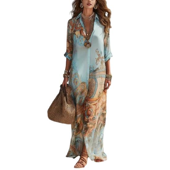 Women's Boho Printed Shirt 46085 Sleeve Maxi Dress Button