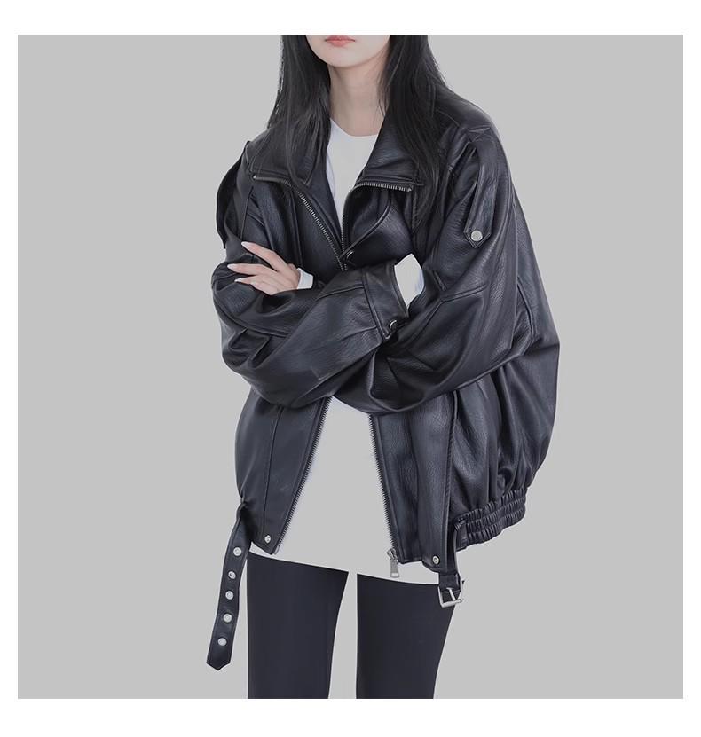 Retro Stand Collar Motorcycle PU Leather Jacket - Autumn/Winter Hong Kong Style, Loose and Versatile Outerwear