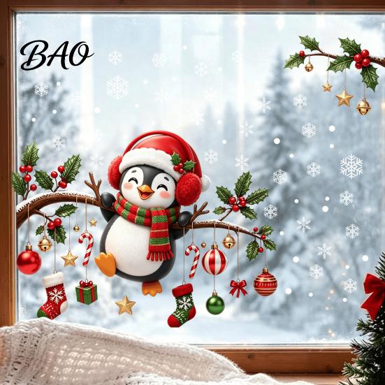 Winter Theme Window Ornaments Christmas Static Cling, Penguin Decal with Holly Baubles Snowflakes, Atmosphere Decor Festive for Home Living