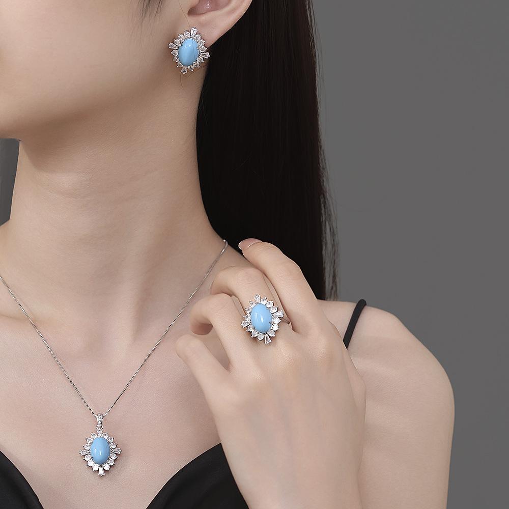 925 Sterling Silver Fashion Vintage Paraiba Pa Blue Full Diamond Zircon Pendant Ring Stud Earrings Set Ladies Jewelry