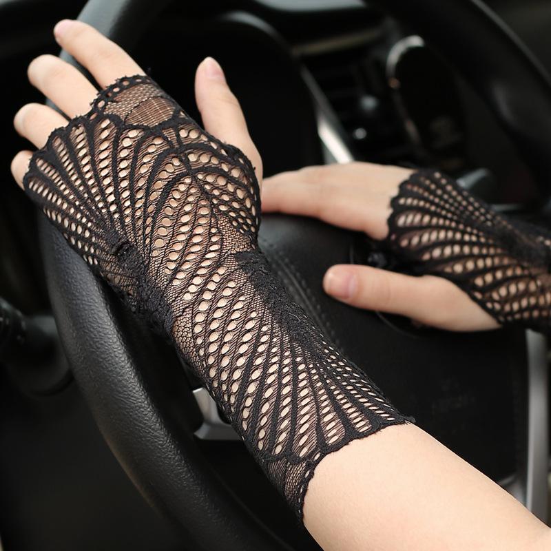 Summer Women's Black Lace Fingerless Gloves - Elastic, Short, Sun Protection, Decorative Half-Finger Design for Driving and Dance.