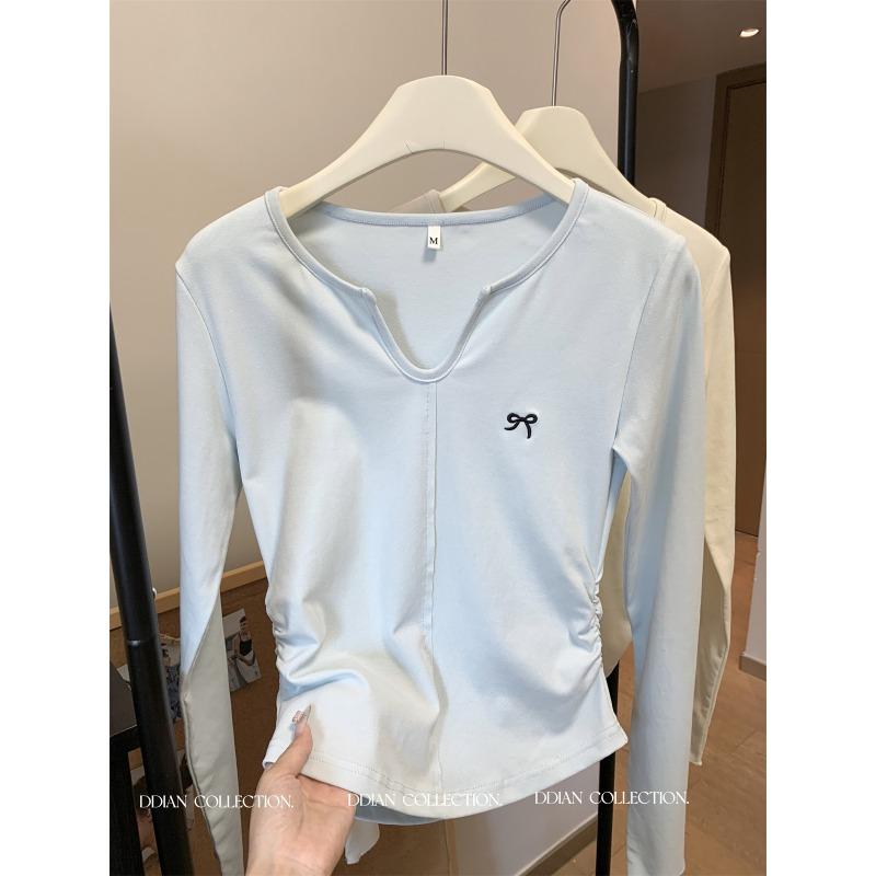 Small Neck Embroidered Splicing Bottom Shirt Women's Spring Waist Pleated Front Shoulder Long Sleeve T-Shirt Top