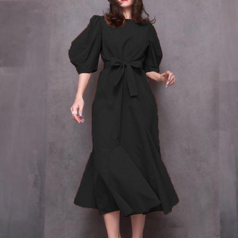 ZANZEA Women Casual Round Neck Loose Half Sleeve Long Dress