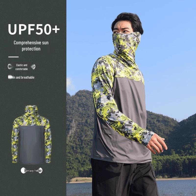 Men's Camouflage Ice Silk Quick-Dry Fishing Shirt with Matte Mask - Long Sleeve, Summer Cool, Sun Protection.