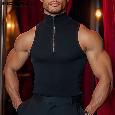 Camisetas sin mangas casuales de verano para hombre con cremallera y cuello alto de color sólido