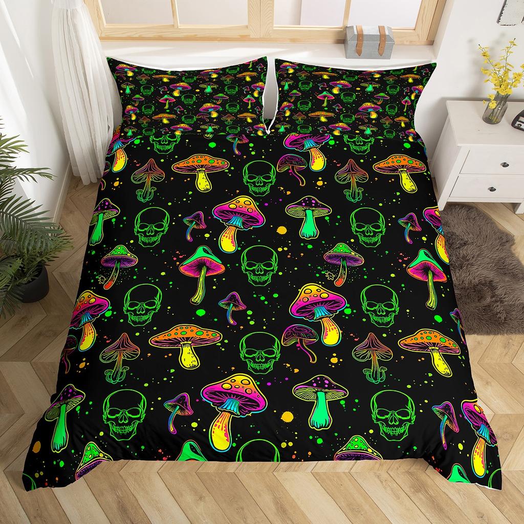 Homewish Neon Jungle Mushroom Duvet Cover Set For TeenGreen Skull Skeleton Bedding SetCartoon Theme Bed Set