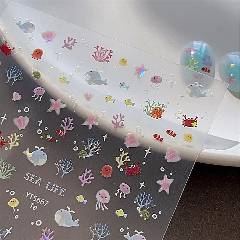 5D Fantasy Beach Summer Dreamy Colorful Starfish Shell Jellyfish Coral Jelly Decals Decoration Nail Art Sticker Manicure Salon