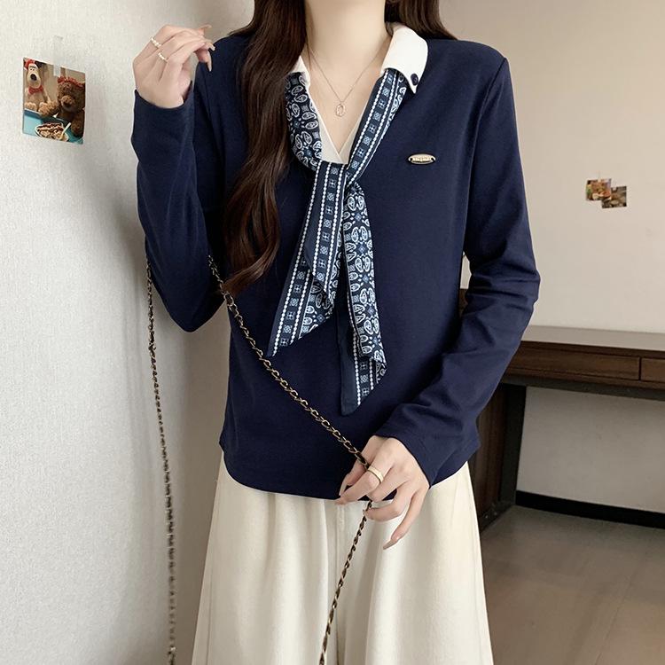 

Plus Size Women s Stylish Lapel Silk Scarf Polo Shirt Top XL королівський синій колір
