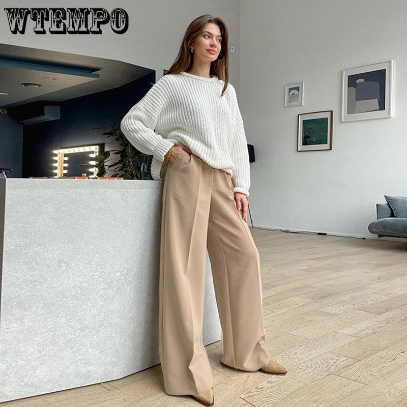 WTEMPO Blue Office Lady's Pants Loose Full Length Ladies Trousers Solid Casual High Waist Wide Leg Pants for Women