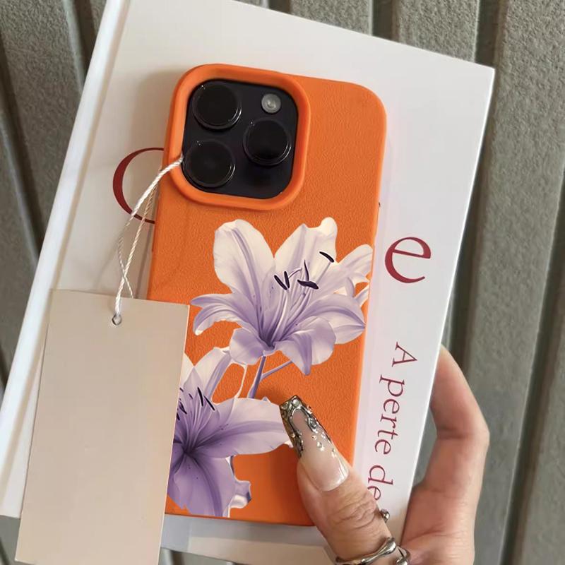 Purple Lily Flower Pattern Lychee Texture Silicone Phone Case For iPhone 11 12 13 14 15 16 17 Pro Max 14 Plus 17Air Soft Cover
