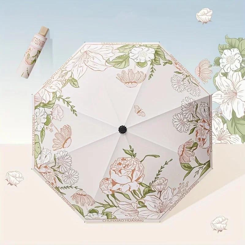 Flower Printed UPF50+ Sun Umbrella Romantic UV Protection Umbrella Vinyl Coating Rain Parasol Sun Shade Folding Umbrellas