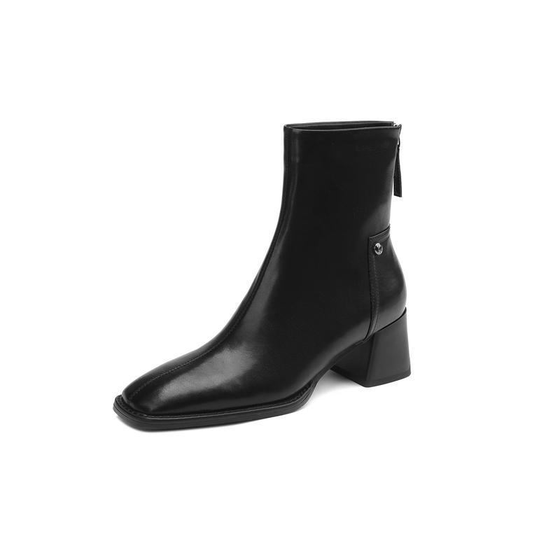 Fashion Women's new autumn square toe genuine leather cowhide calf metal rivet zipper high heel plus small size Chelsea short boots