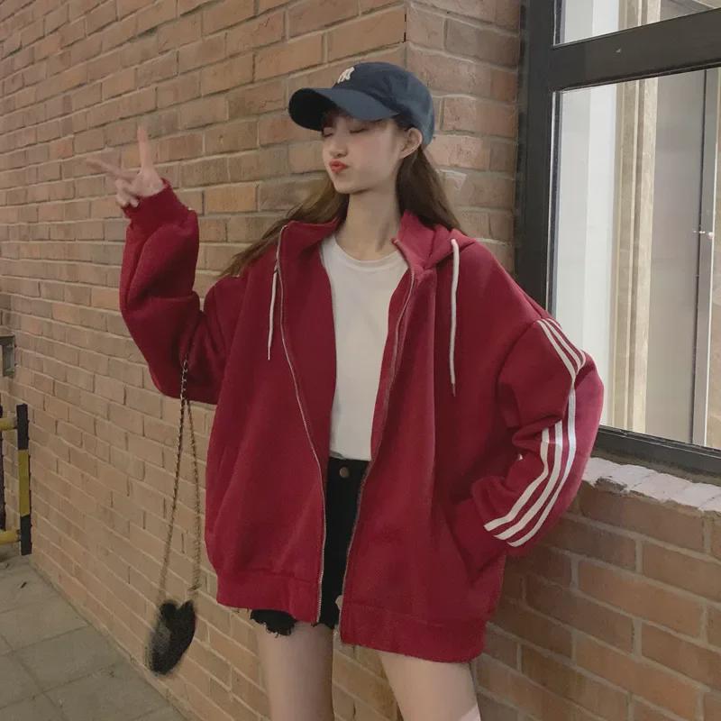 Official Women's Classic Oversized Hooded Zipper Sweater, 2020 Autumn/Winter Plus Velvet Jacket, Trendy Top