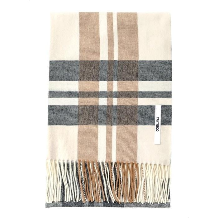 [Cumaco] Cashmere Wool Stole 19 Ivory Brown - Check Pattern