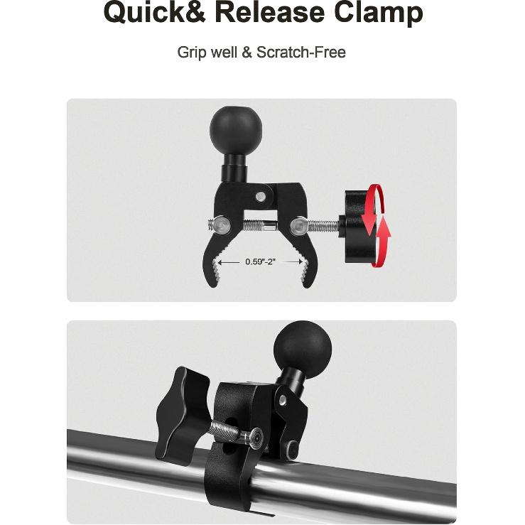 Aluminium Alloy Handlebar Mount Clamp Base With 1" Ball For Rails 0.5" To 2" In Diameter, Versatile Claw Compatible With RAM Mounts B Size Double