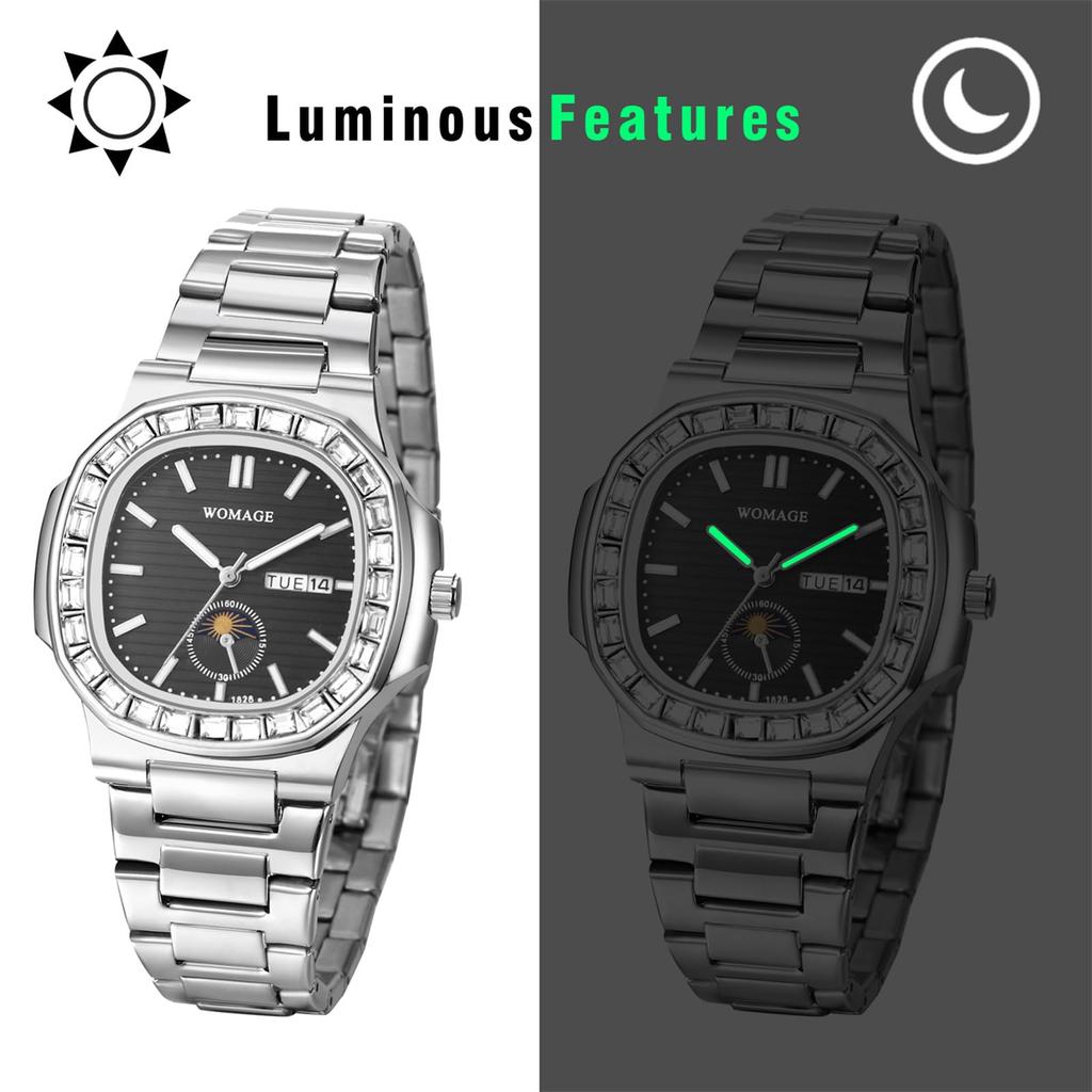 Diamond Watch Stainless Steel Luminous Analog Calendar Quartz Watch Waterproof Fashion Accessories Gold Birthday Anniversary Christmas Day Present