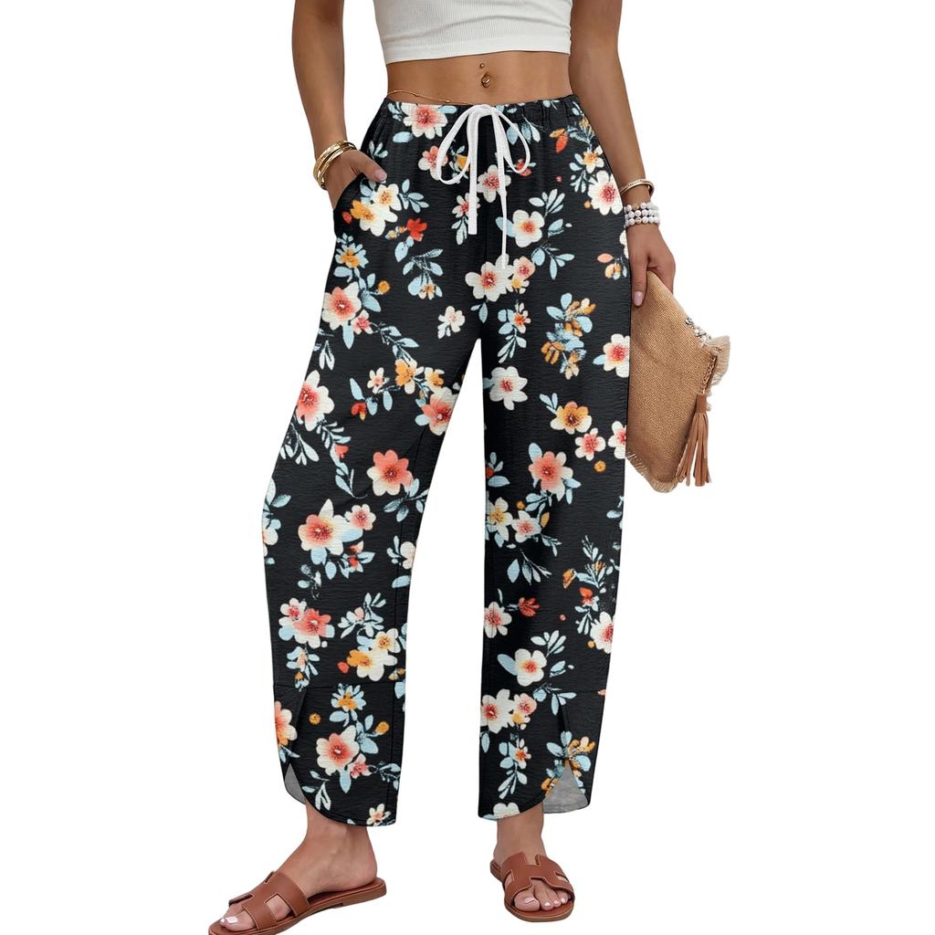 Pantaloni da Donna Casual a Gamba Larga con Coulisse, Stampa Floreale, Comodi e Leggeri, da Casa con Elastico in Vita