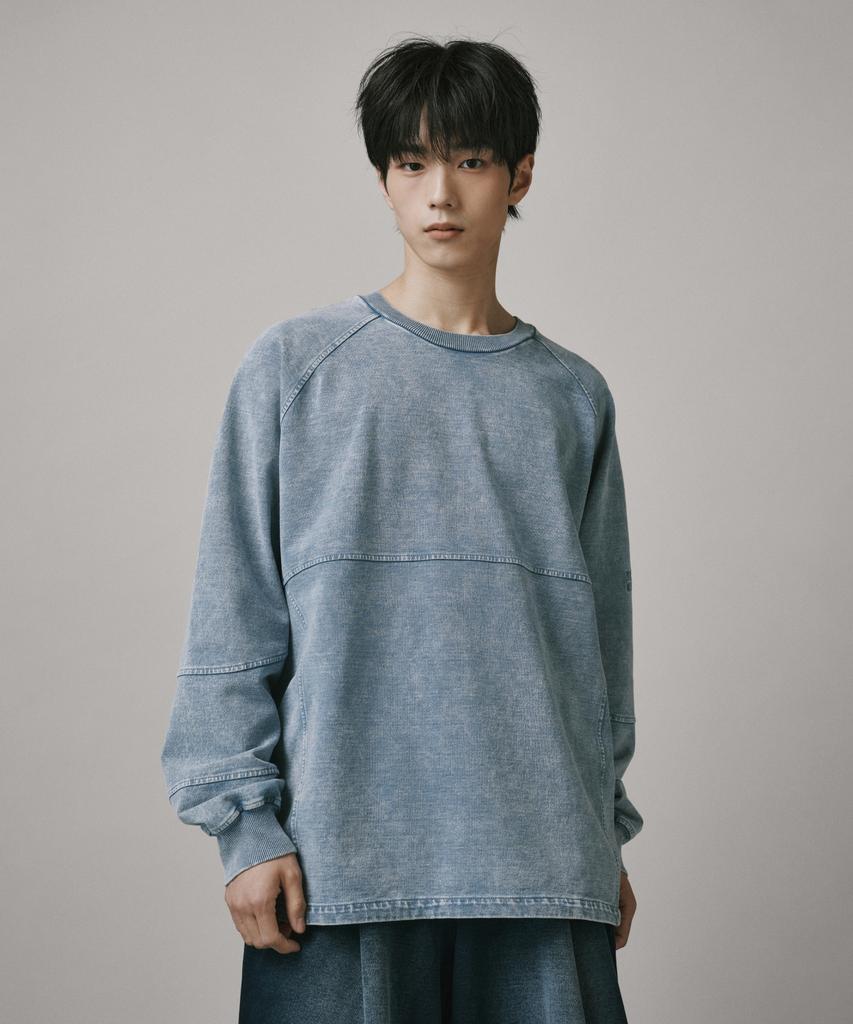 Beodeonteu Knit Denim Washed Sweatshirt [Light Blue]