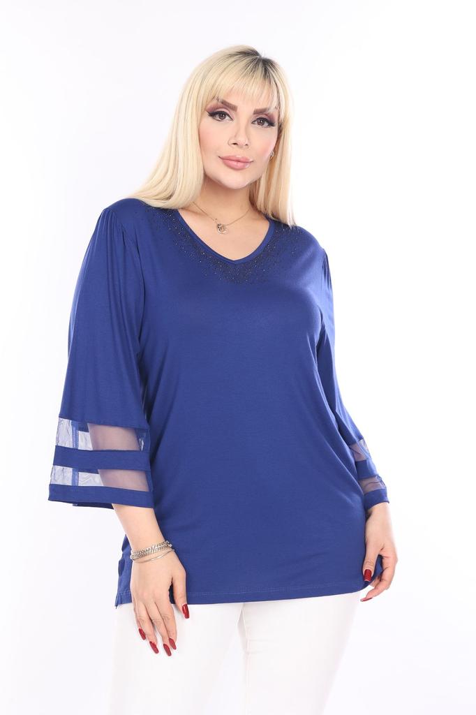 Damen Übergröße Bluse Saphirblau Große Größe Dreiviertelarm Bluse mit Steindetail am Kragen
