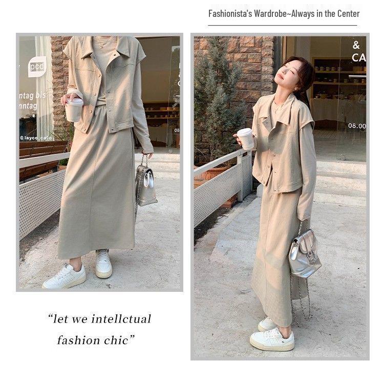 Korean Casual Workwear Vest & Skirt Set - Women's Spring/Autumn 2025 Three-Piece Outfit with Round Neck Long Sleeve Top.