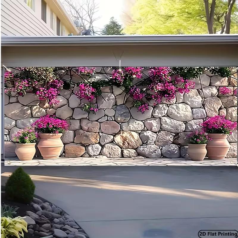 Arazzo Muro di Pietra Mediterraneo, Tessuto di Sfondo con Fiori di Bougainvillea Rosa, Decorazione per la Stanza