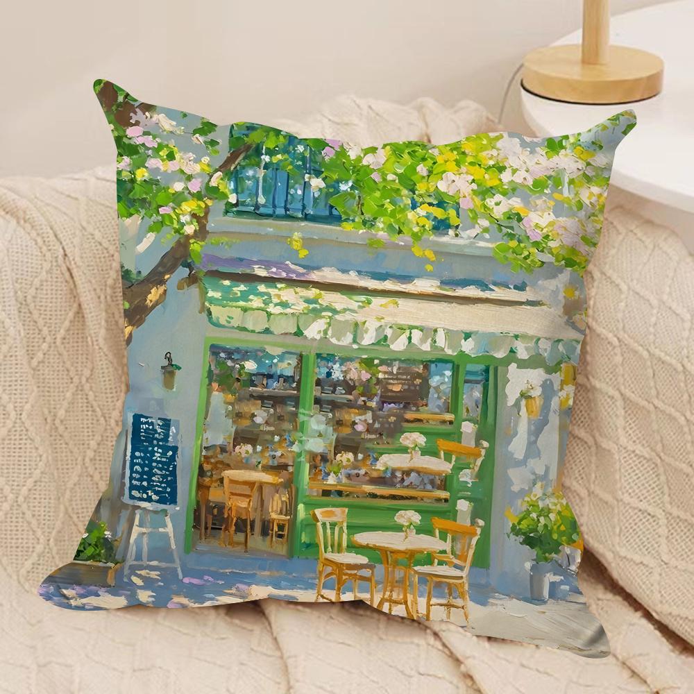 Street Leisure Oil Painting Cushion Cover Silky Short Plush Invisible Zipper Dustproof Sofa Pillow Case For Home Decor
