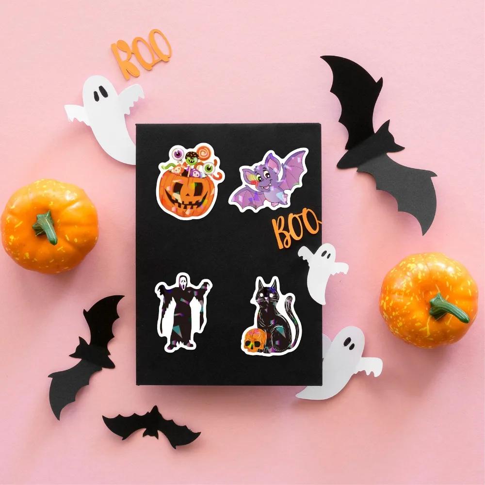 2026 50pcs Laser Flash Halloween Stickers Holographic Vinyl Trunk Mug Cup Sticker Waterproof Removable Sticker Halloween Decor