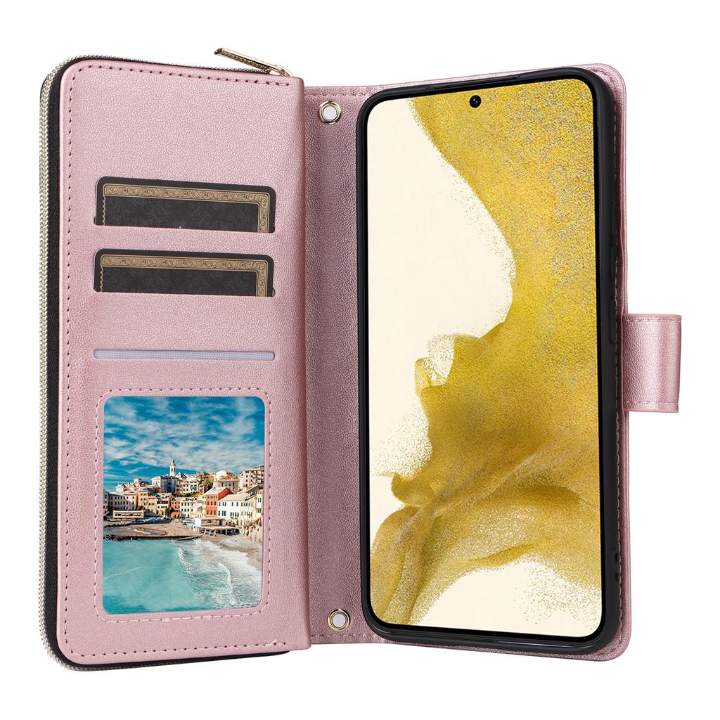 For Samsung Galaxy S22+ 5G Case Rhombus Zipper Pocket Leather Phone Cover with Straps