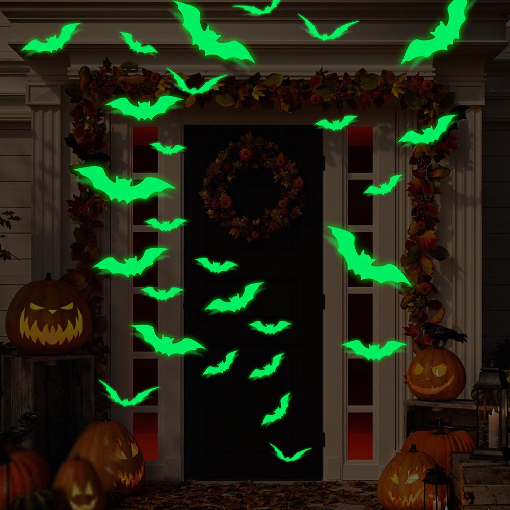 16 PCS Luminous Bats Halloween Wall Decals Decoration Glow In The Dark Wall Decals 3D Scary Bats Wall Decor For Home Office