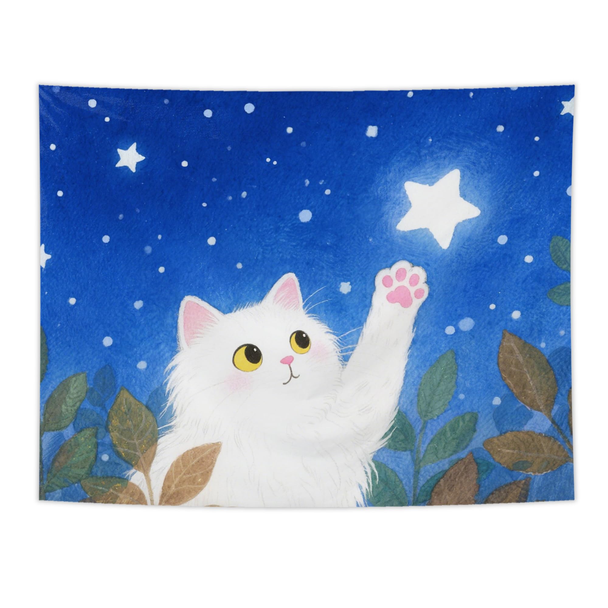 White Cat Tapestry,Starry Night Cat Wall Tapestry For Kids Room, Whimsical Blue Sky Cute Kitten Tapestries Wall Hanging For Kids 70x100CM