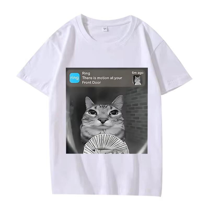 There Is Motion At Your Front Door Funny Silly Cat Meme T Shirt Men Women Oversized Cotton Short Sleeve Summer Unisex Tops